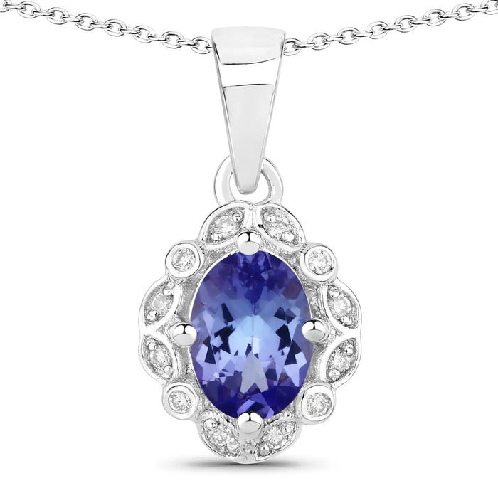 0.75 Ct Oval Violet Tanzanite & Lab Diamond Prong Silver Halo Statement Necklace by Fine Color Jewels