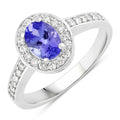 0.75 Ct Oval Violet Tanzanite & Lab Diamond Prong Silver Pave Halo Bridge Ring by Fine Color Jewels
