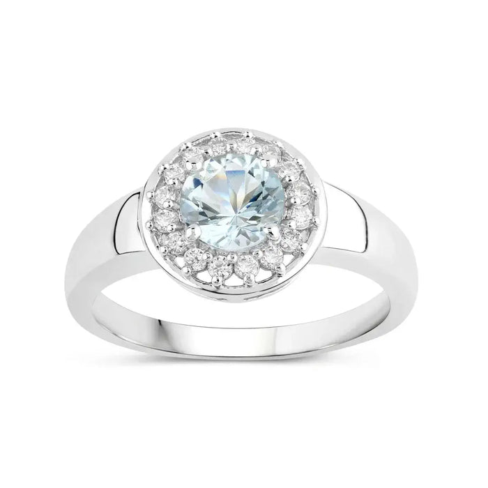 0.75 Ct Round Blue Aquamarine and Lab Diamond Prong Silver Halo Ring by Fine Color Jewels