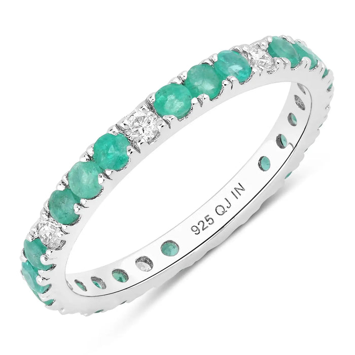 0.75 Ct Round Green Zambian Emerald and Lab Diamond Prong Silver Eternity Band Ring by Fine Color Jewels