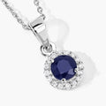 0.75 CTTW Round Blue Sapphire & Lab Diamond prong Silver Halo Pendant Necklace by Fine Color Jewels