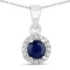 0.75 CTTW Round Blue Sapphire & Lab Diamond prong Silver Halo Pendant Necklace