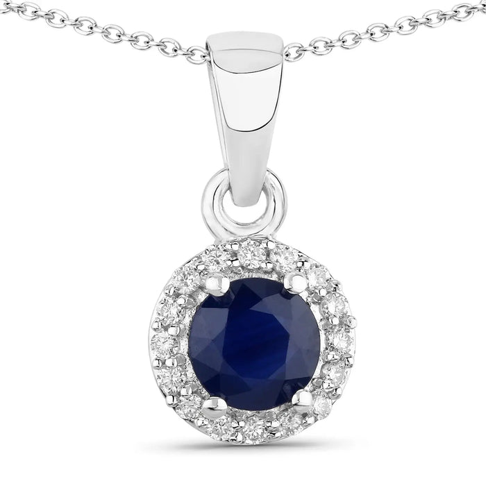 0.75 CTTW Round Blue Sapphire & Lab Diamond prong Silver Halo Pendant Necklace by Fine Color Jewels