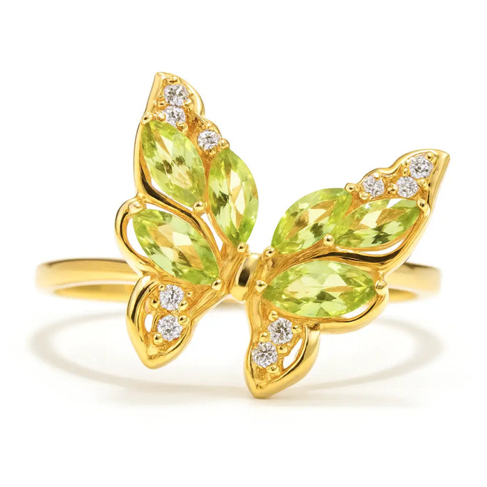 0.78 Ct Marquise Green Peridot and White Topaz Prong Silver Butterfly Ring by Fine Color Jewels