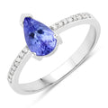 0.78 Ct Pear Violet Tanzanite and Lab Diamond V-Prong Silver Pave Bridge Ring by Fine Color Jewels