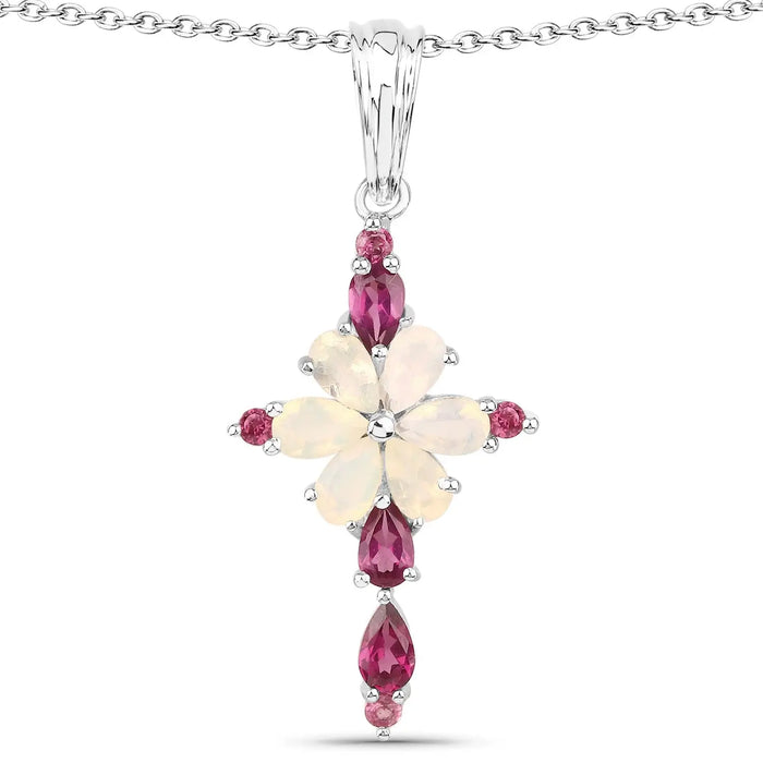 0.78 Ct Pear White Ethiopian Opal Prong Silver Cocktail Cross Pendant Necklace by Fine Color Jewels