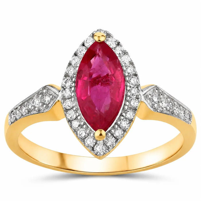 0.79 Ct Marquise Pink Ruby & White Diamond Prong 14K Yellow Gold Halo Ring by Fine Color Jewels
