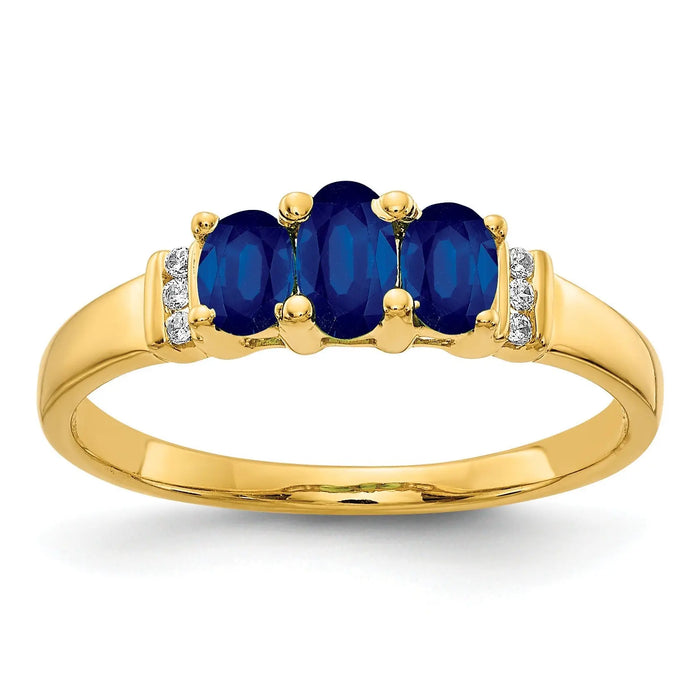 0.79 Ct Oval Blue Sapphire and Diamond Prong 14K Yellow Gold Three Stone Ring by Fine Color Jewels