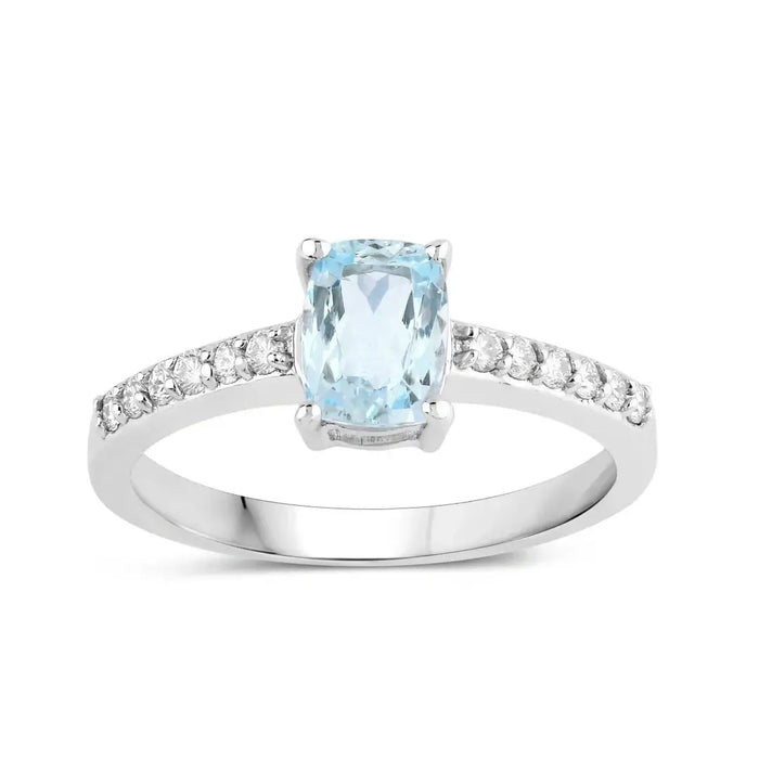 0.80 Ct Cushion Blue Aquamarine Lab Diamond Prong Silver Pave Bridge Ring by Fine Color Jewels