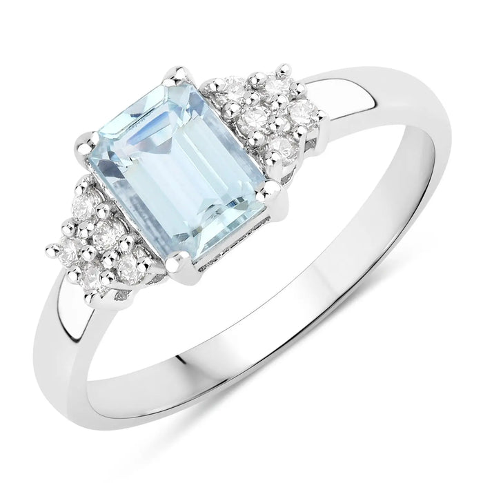 0.80 Ct Octagon Blue Aquamarine and Lab Diamond Prong Silver Cocktail Ring by Fine Color Jewels