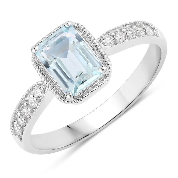0.80 Ct Octagon Blue Aquamarine and Lab Diamond Prong Silver Pave Bridge Ring by Fine Color Jewels