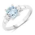 0.80 Ct Octagon Blue Aquamarine and Lab Diamond Prong Silver Three Stone Ring by Fine Color Jewels