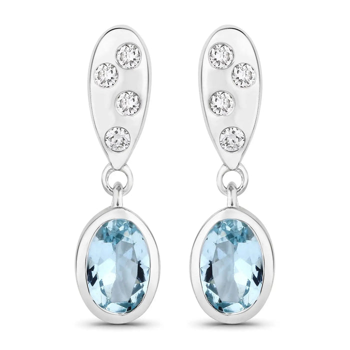 0.80 Ct Oval Blue Aquamarine & Lab Diamond Bezel Silver Dangle Earrings by Fine Color Jewels