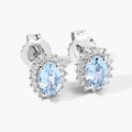 0.80 Ct Oval Blue Aquamarine & Lab Diamond Prong Silver Halo Basket Stud Earrings by Fine Color Jewels