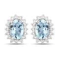 0.80 Ct Oval Blue Aquamarine & Lab Diamond Prong Silver Halo Basket Stud Earrings by Fine Color Jewels