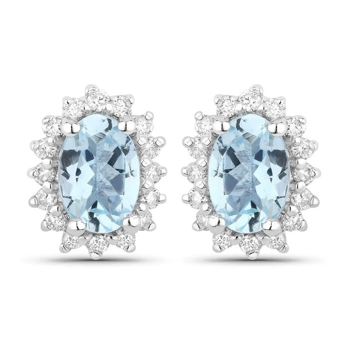 0.80 Ct Oval Blue Aquamarine & Lab Diamond Prong Silver Halo Basket Stud Earrings by Fine Color Jewels