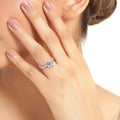 0.80 Ct Pear Blue Aquamarine and Lab Diamond V-Prong Silver Pave Bridge Ring by Fine Color Jewels