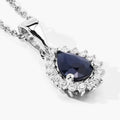 0.80 Ct Pear Blue Sapphire and Lab Diamond Prong Silver Halo teardrop pendant Necklace by Fine Color Jewels