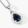 0.80 Ct Pear Blue Sapphire and Lab Diamond Prong Silver Halo teardrop pendant Necklace by Fine Color Jewels