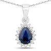 0.80 Ct Pear Blue Sapphire and Lab Diamond Prong Silver Halo teardrop pendant Necklace