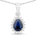 0.80 Ct Pear Blue Sapphire and Lab Diamond Prong Silver Halo teardrop pendant Necklace by Fine Color Jewels