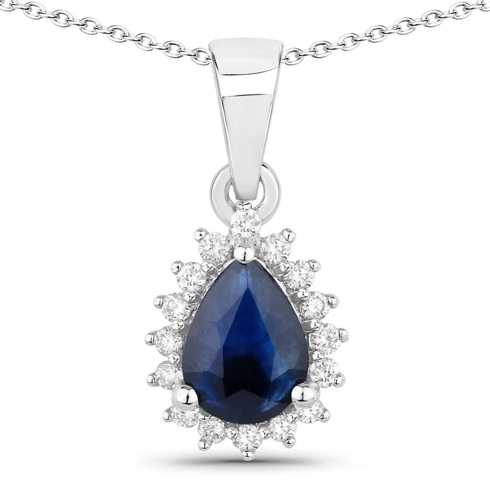 0.80 Ct Pear Blue Sapphire and Lab Diamond Prong Silver Halo teardrop pendant Necklace by Fine Color Jewels