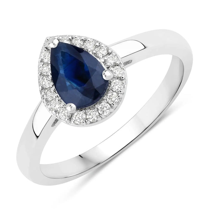 0.80 Ct Pear Blue Sapphire & Lab Diamond Prong Silver Halo Ring by Fine Color Jewels