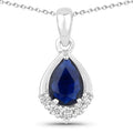 0.80 Ct Pear Blue Sapphire & Lab Diamond Prong Silver Teardrop Pendant Necklace by Fine Color Jewels