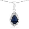 0.80 Ct Pear Blue Sapphire & Lab Diamond Prong Silver Teardrop Halo Pendant Necklace