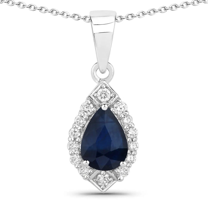 0.80 Ct Pear Blue Sapphire & Lab Diamond Prong Silver Teardrop Halo Pendant Necklace by Fine Color Jewels