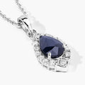 0.80 Ct Pear Blue Sapphire & Lab Diamond Prong Silver Teardrop Halo Pendant Necklace by Fine Color Jewels