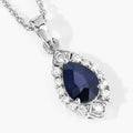 0.80 Ct Pear Blue Sapphire & Lab Diamond Prong Silver Teardrop Halo Pendant Necklace by Fine Color Jewels
