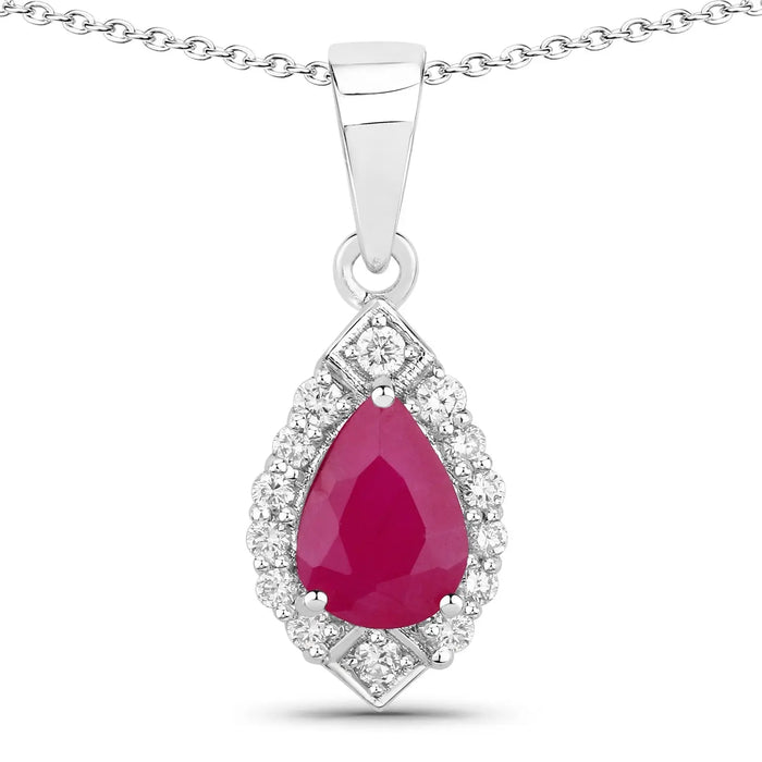 0.80 Ct Pear Pink Mozambique Ruby & Lab Diamond Prong Silver Teardrop Halo Pendant Necklace by Fine Color Jewels