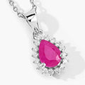 0.80 Ct Pear Pink Ruby and Lab Diamond Prong Silver Halo teardrop pendant Necklace by Fine Color Jewels