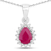 0.80 Ct Pear Pink Ruby and Lab Diamond Prong Silver Halo teardrop pendant Necklace