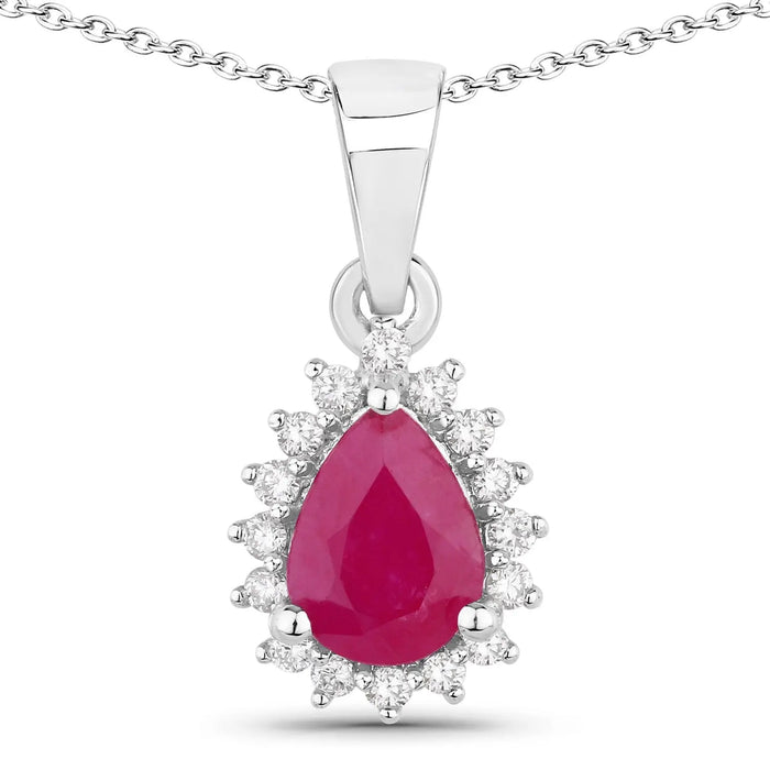 0.80 Ct Pear Pink Ruby and Lab Diamond Prong Silver Halo teardrop pendant Necklace by Fine Color Jewels