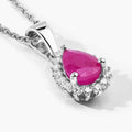 0.80 Ct Pear Pink Ruby and Lab Diamond Prong Silver Halo teardrop pendant Necklace by Fine Color Jewels
