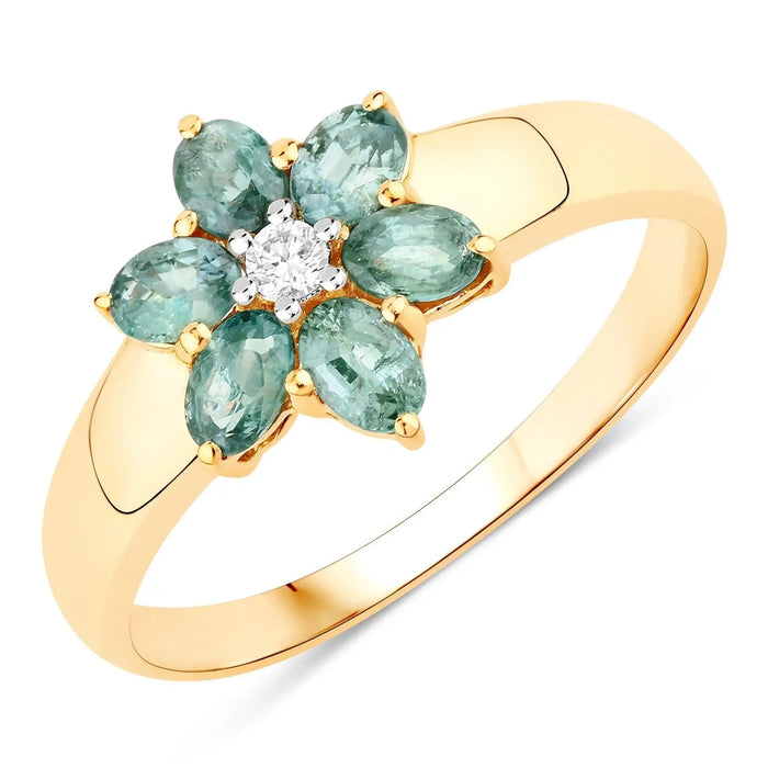0.81 Ct Genuine Green Alexandrite and Diamond 18K Yellow Gold Flower Ring by Fine Color Jewels