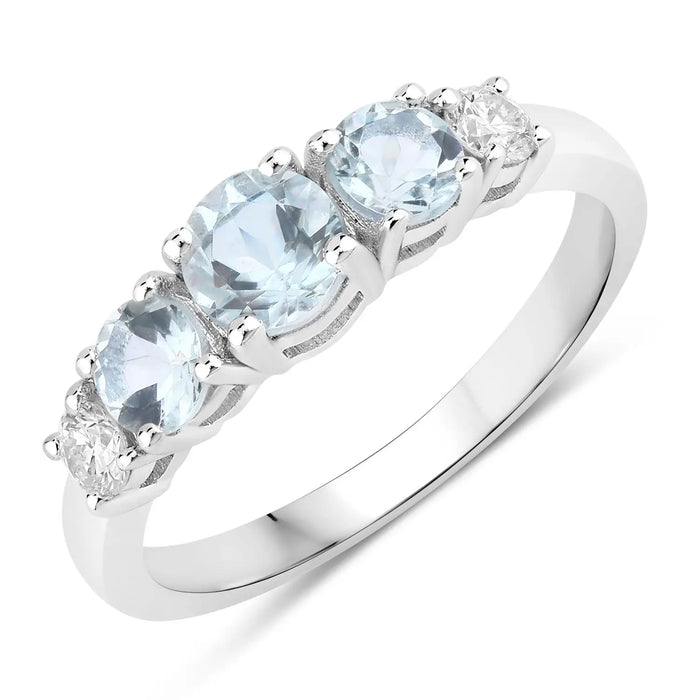 0.82 Ct Round Blue Aquamarine & Lab Diamond Prong Silver Five Stone Eternity Ring by Fine Color Jewels
