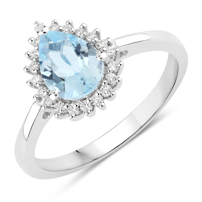 0.83 Ct Pear Blue Aquamarine & Lab Diamond Prong Silver Halo Ring by Fine Color Jewels