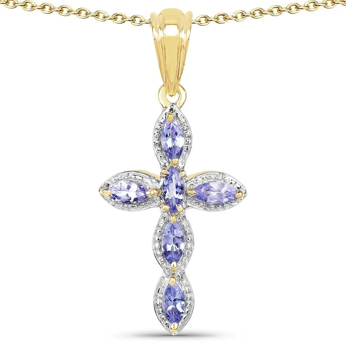 0.84 Ct Marquise Violet Tanzanite Prong Silver Cross Pendant Necklace by Fine Color Jewels