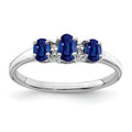 0.85 Ct Oval Blue Sapphire & Diamond Prong Rhodium-Plated Sterling Silver Three Stone Ring by Fine Color Jewels
