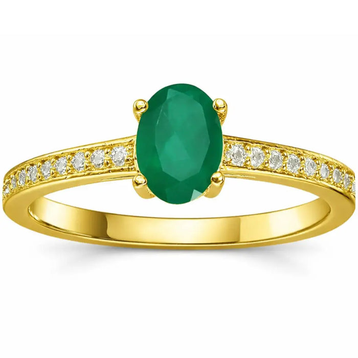 0.85 Ct Oval Green Emerald and Moissanite Prong 22K Gold Vermeil Pave-set Solitaire Ring by Fine Color Jewels