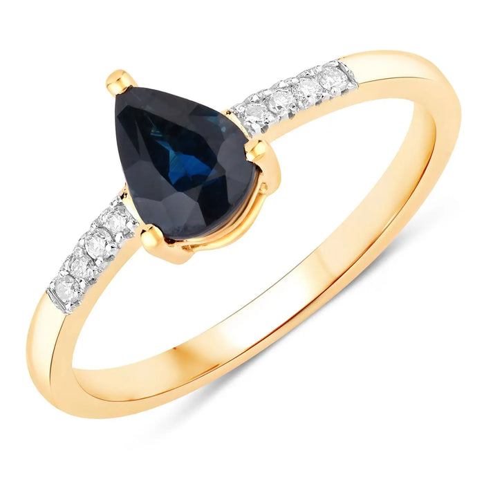 0.86ct Pear Blue Sapphire and Diamond Prong 14K Yellow Gold Teardrop Pave Band Ring by Fine Color Jewels