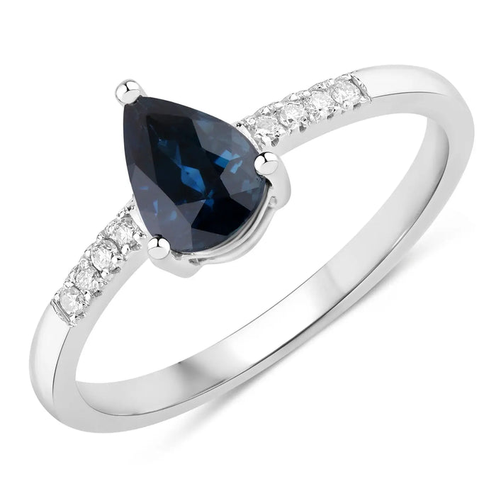 0.86ct Pear Blue Sapphire and Diamond Prong Bridge 14K White Gold Teardrop Pave Band Ring by Fine Color Jewels