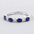 0.88 Ct Oval Blue Sapphire & Lab Diamond Prong Silver Half Eternity Seven Stone Ring by Fine Color Jewels