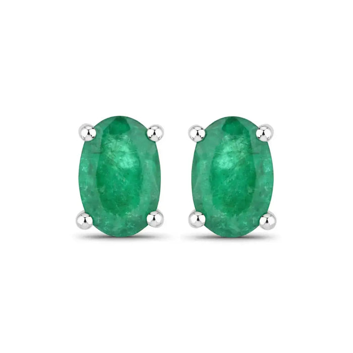 0.88 Ct Oval Green Zambian Emerald Prong 10K Gold Stud Earrings by Fine Color Jewels