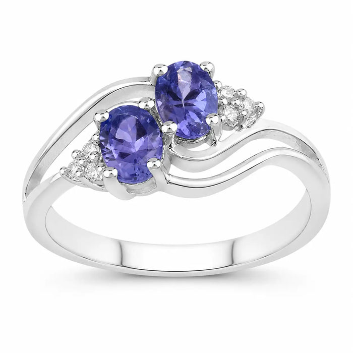 0.88 Ct Oval Violet Tanzanite and Lab Grown Diamond Prong Silver Bypass Ring by Fine Color Jewels