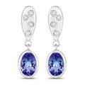0.88 Ct Oval Violet Tanzanite & Lab Diamond Bezel Silver Dangle Earrings by Fine Color Jewels