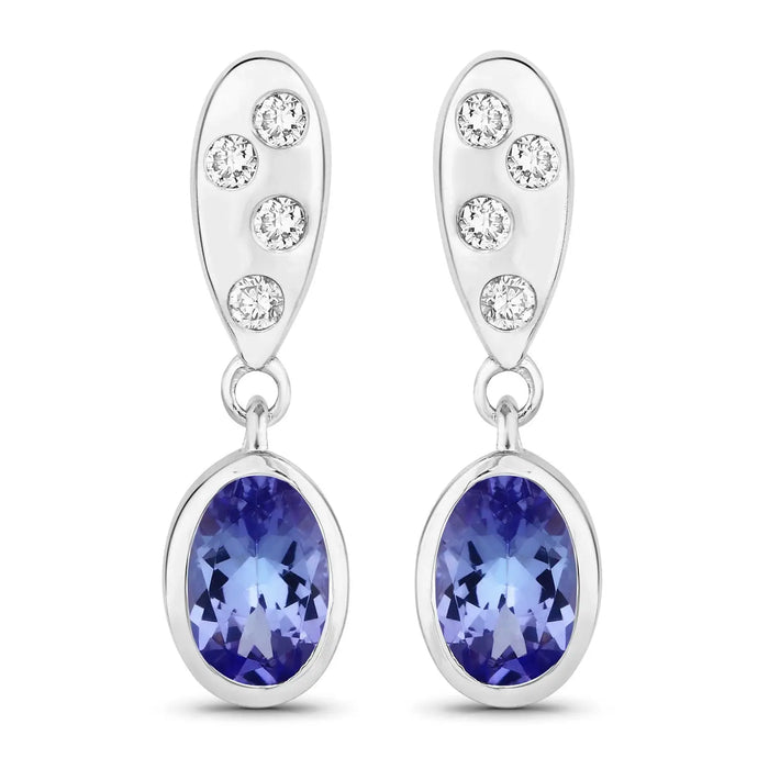 0.88 Ct Oval Violet Tanzanite & Lab Diamond Bezel Silver Dangle Earrings by Fine Color Jewels